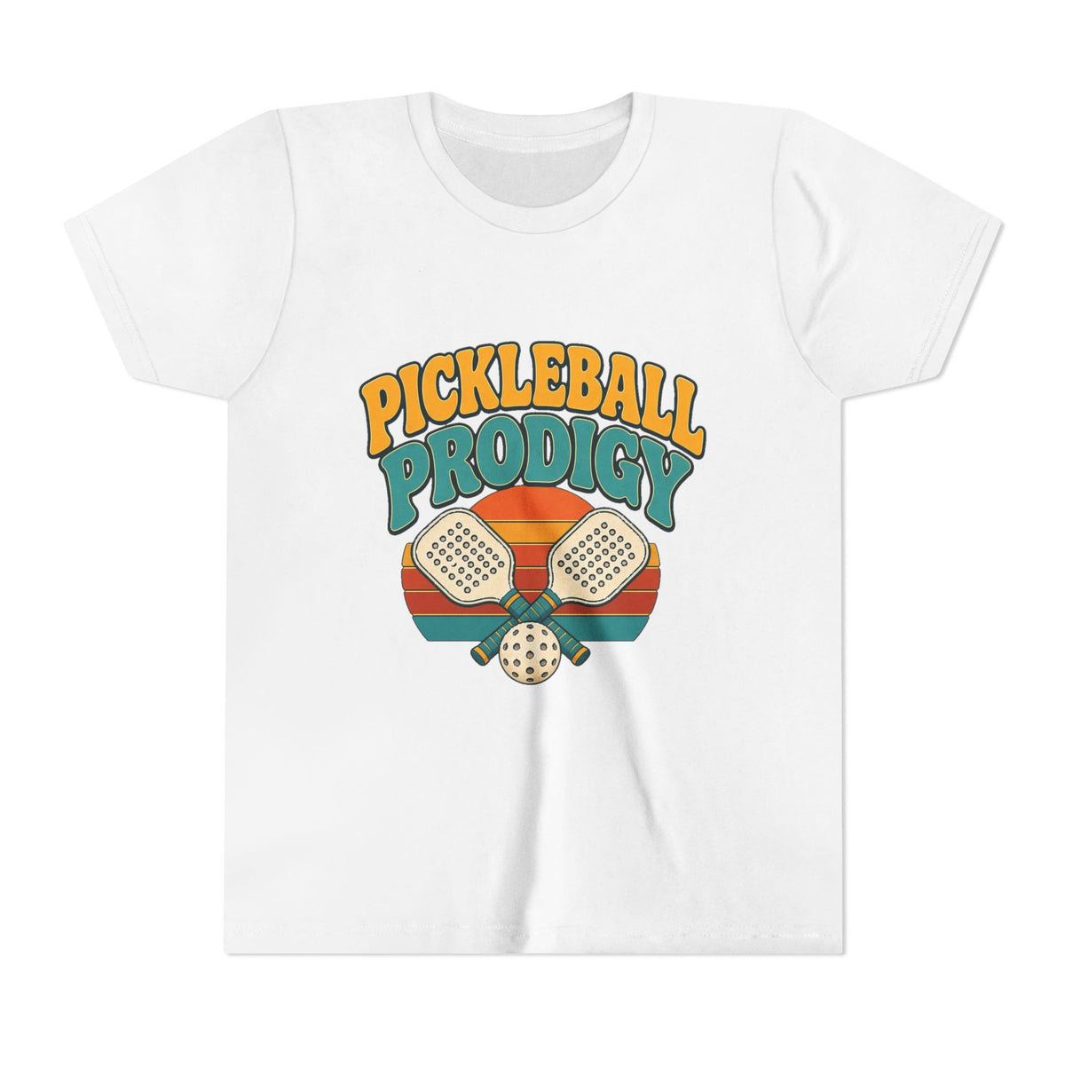 Kids white pickleball tee with colorful "Pickleball Prodigy" graphic and paddles