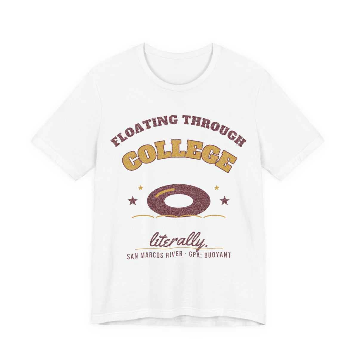 White college graphic T-shirt with “Floating Through College” text and donut-ring design