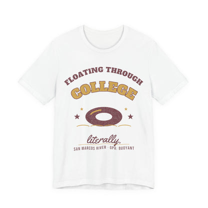 White college graphic T-shirt with “Floating Through College” text and donut-ring design