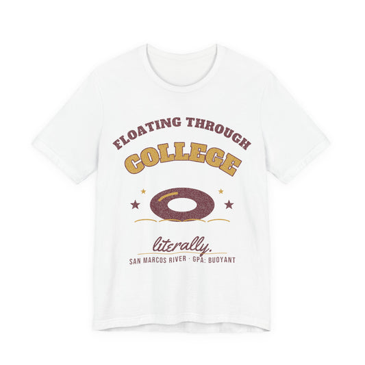 White college graphic T-shirt with “Floating Through College” text and donut-ring design