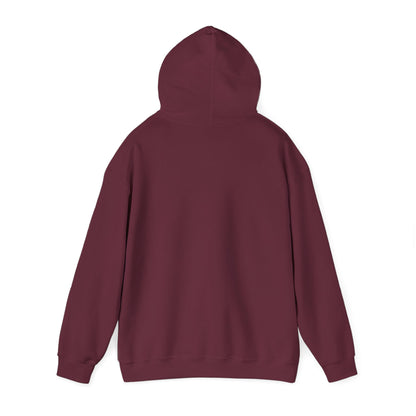 Maroon pullover hoodie, back view with hood and ribbed cuffs