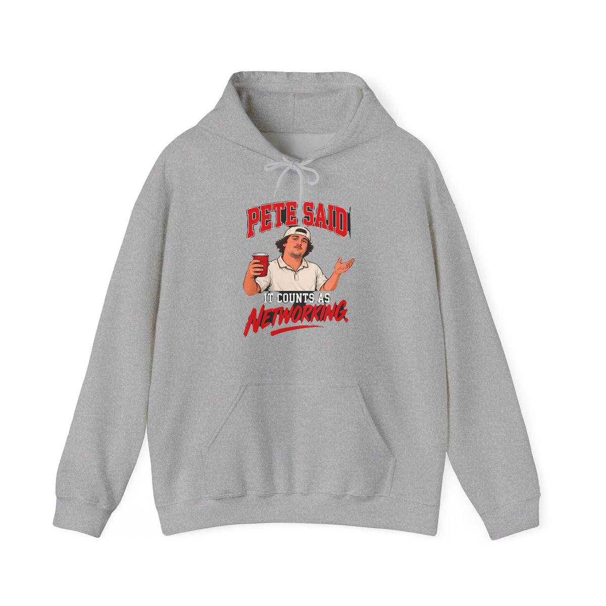 Sport grey pullover hoodie with 'Pete Said' graphic on front, hood and drawstring.
