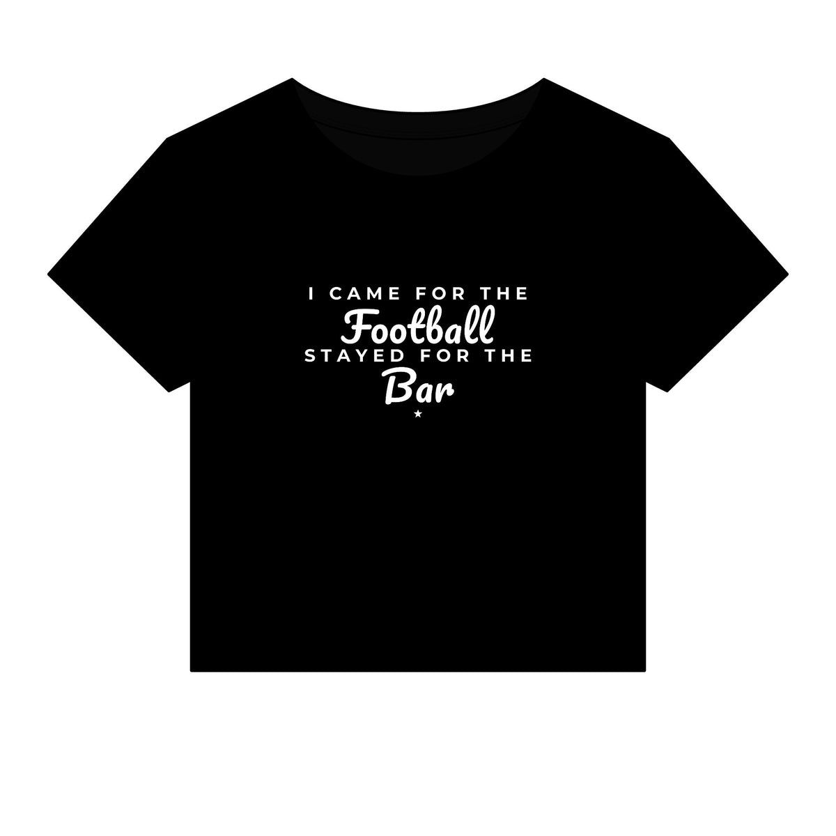 Black crop top with football-to-bar slogan graphic, short sleeves