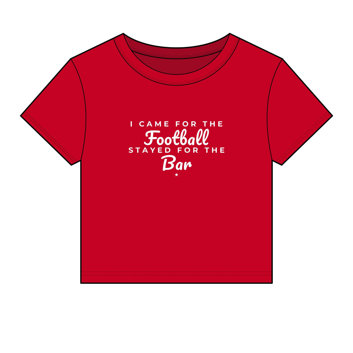 Red crop top with football-to-bar slogan graphic, short sleeves