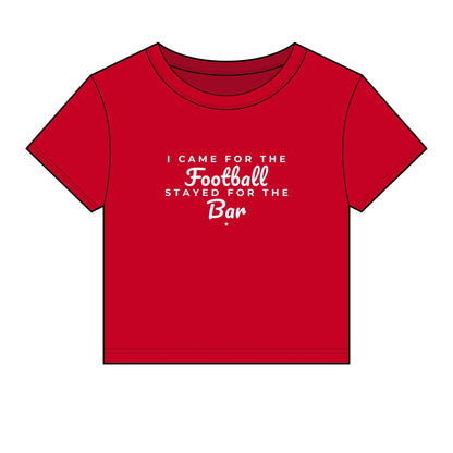Red crop top with football-to-bar slogan graphic, short sleeves