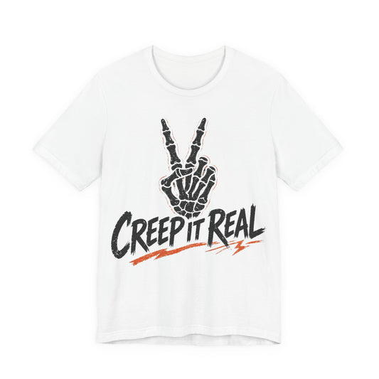 White graphic T-shirt with skeleton hand and CREEPIT REAL print