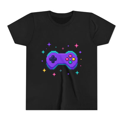 Kids graphic t-shirt in black with pixel game controller design in teal and pink