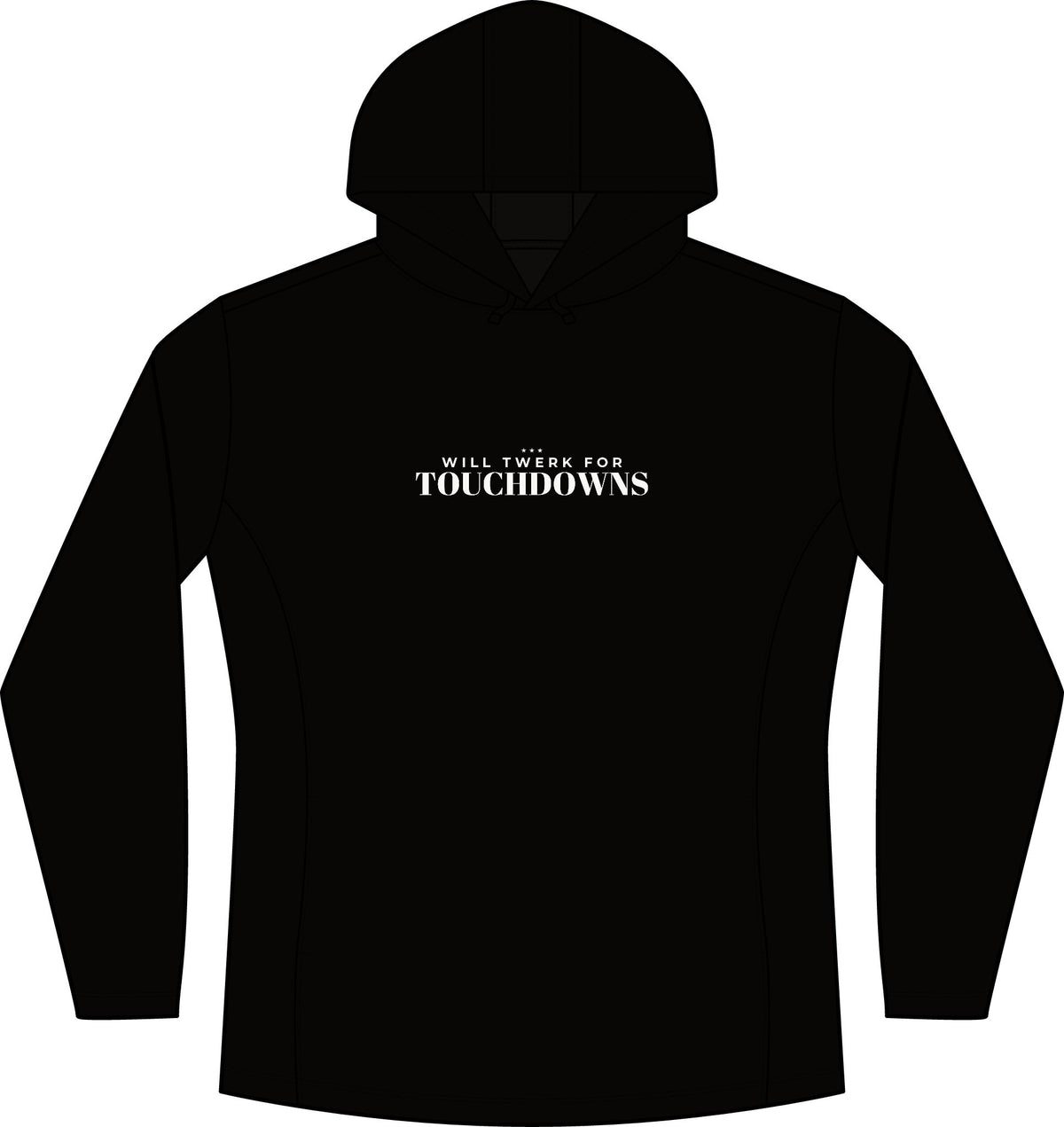 Women's black heather hoodie with hood, front pocket, and small chest text logo