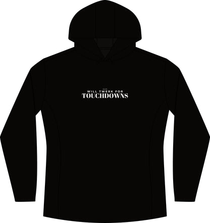 Women's black heather hoodie with hood, front pocket, and small chest text logo
