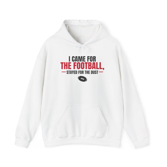 White pullover hoodie with drawstring, front pocket, and football graphic