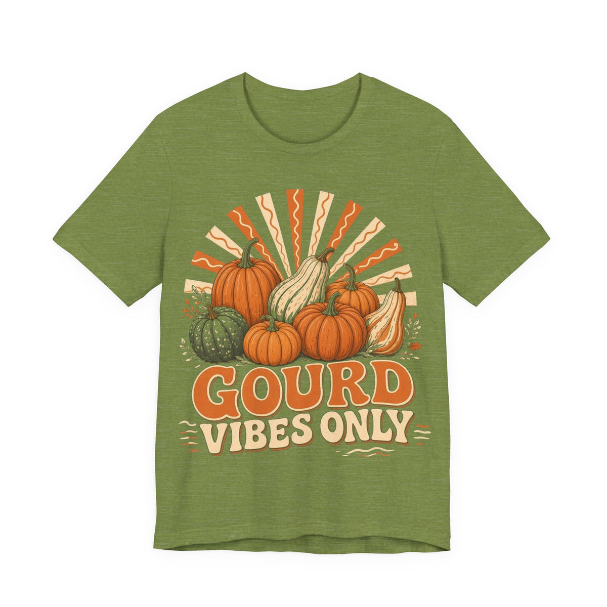 Heather green crew-neck tee with orange gourd Gourd Vibes Only print.