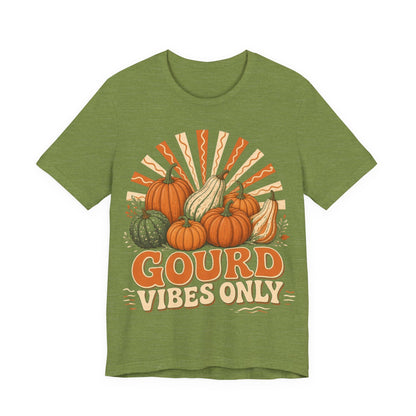 Heather green crew-neck tee with orange gourd Gourd Vibes Only print.
