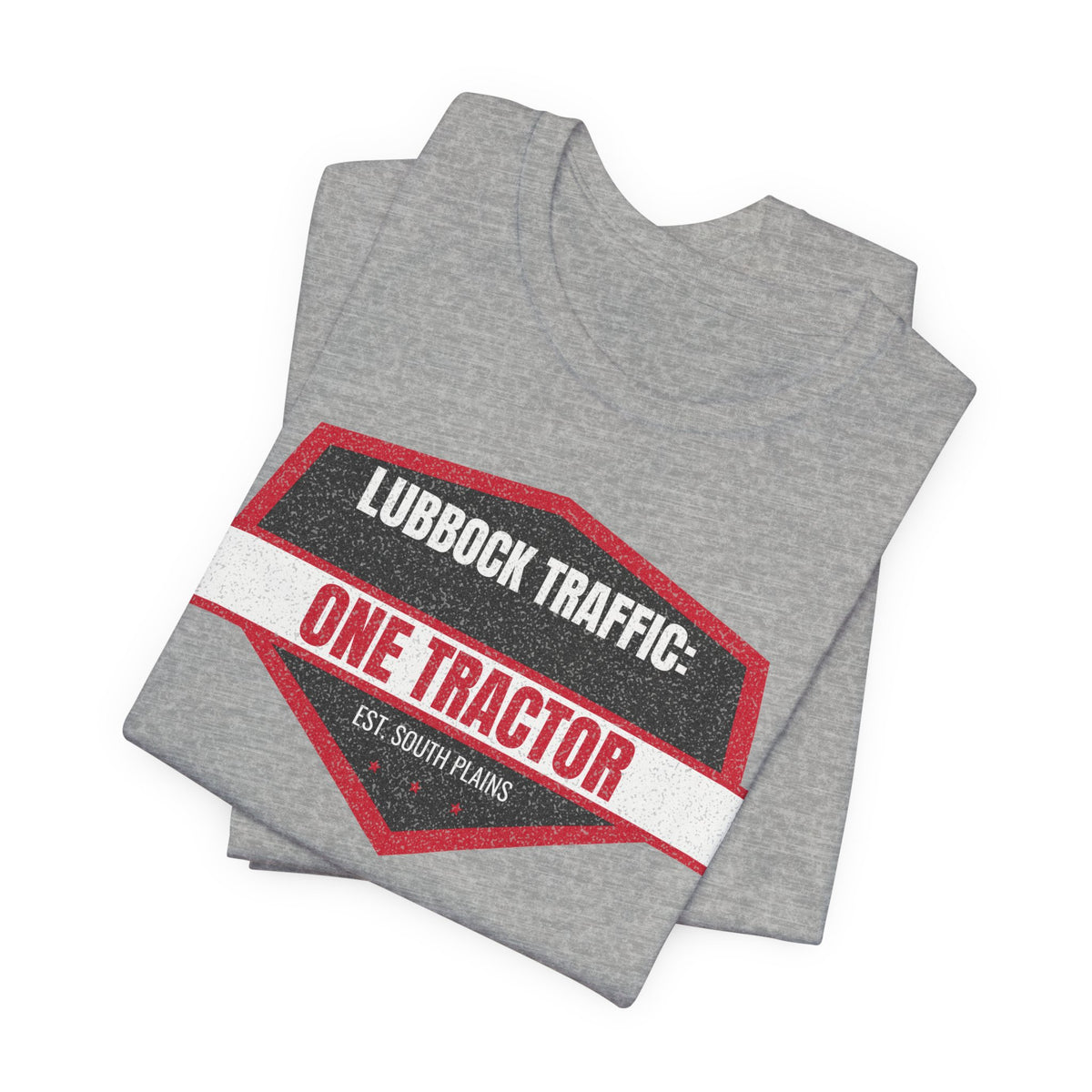 Heather gray crew-neck tee stack with red "One Tractor" print