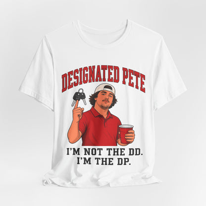 White crew-neck graphic T-shirt with red character holding a device and cup print