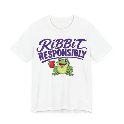 White crewneck T-shirt with purple 'RIBBIT RESPONSIBLY' text and green frog holding a cup