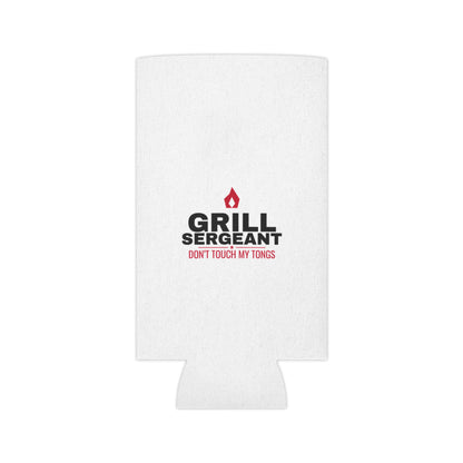 White can koozie with centered Grill Sergeant logo and red "DON'T TOUCH MY TONGS"