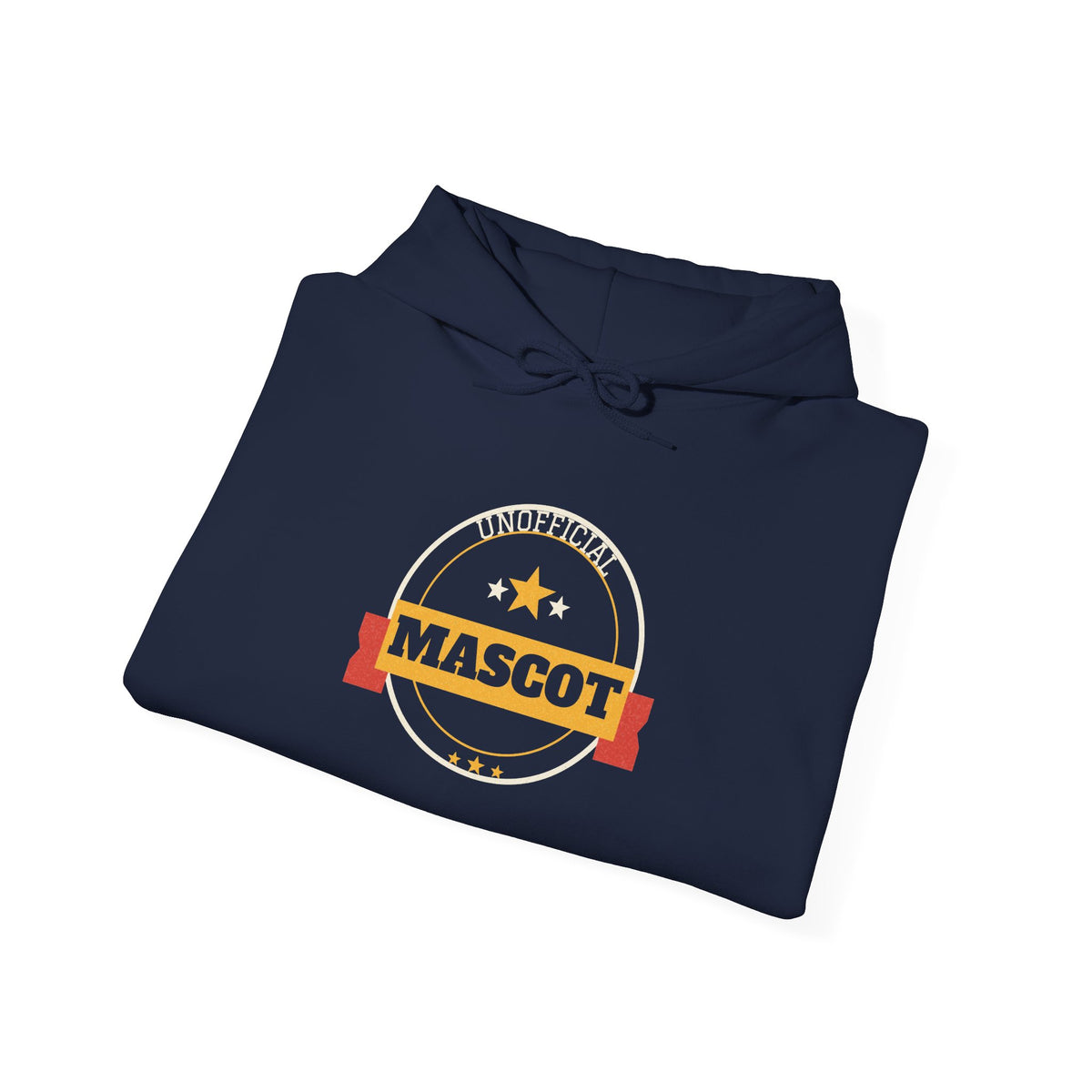 Navy pullover hoodie with colorful mascot logo graphic and front pouch pocket