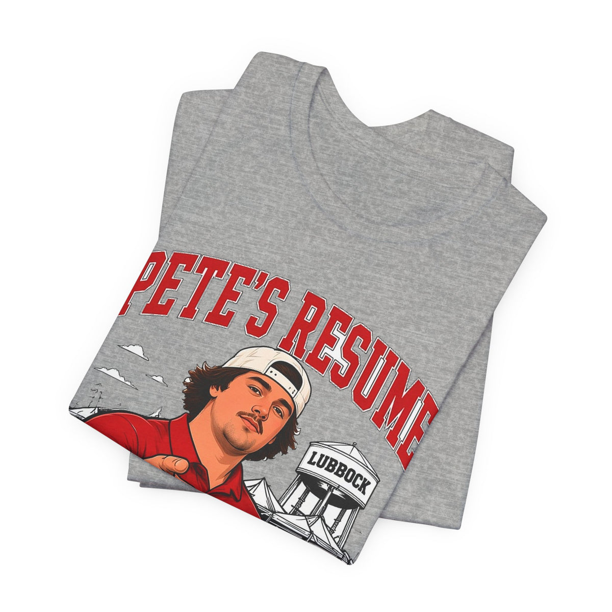 Heather gray crew neck graphic T-shirt set, overlapping shirts with red headline print