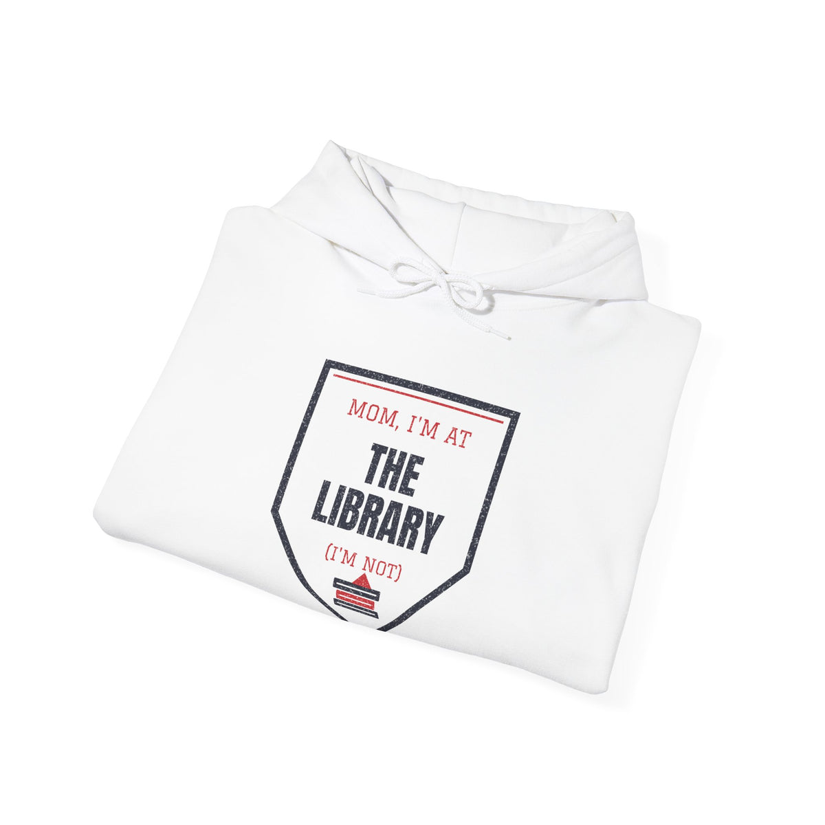 White hoodie with drawstring hood and front “The Library” graphic print
