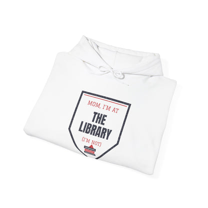 White hoodie with drawstring hood and front “The Library” graphic print