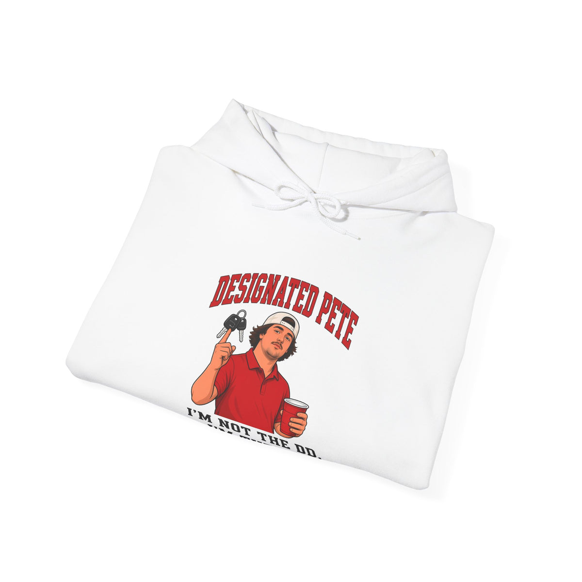 White Designated Pete hoodie folded with front graphic and drawstring hood