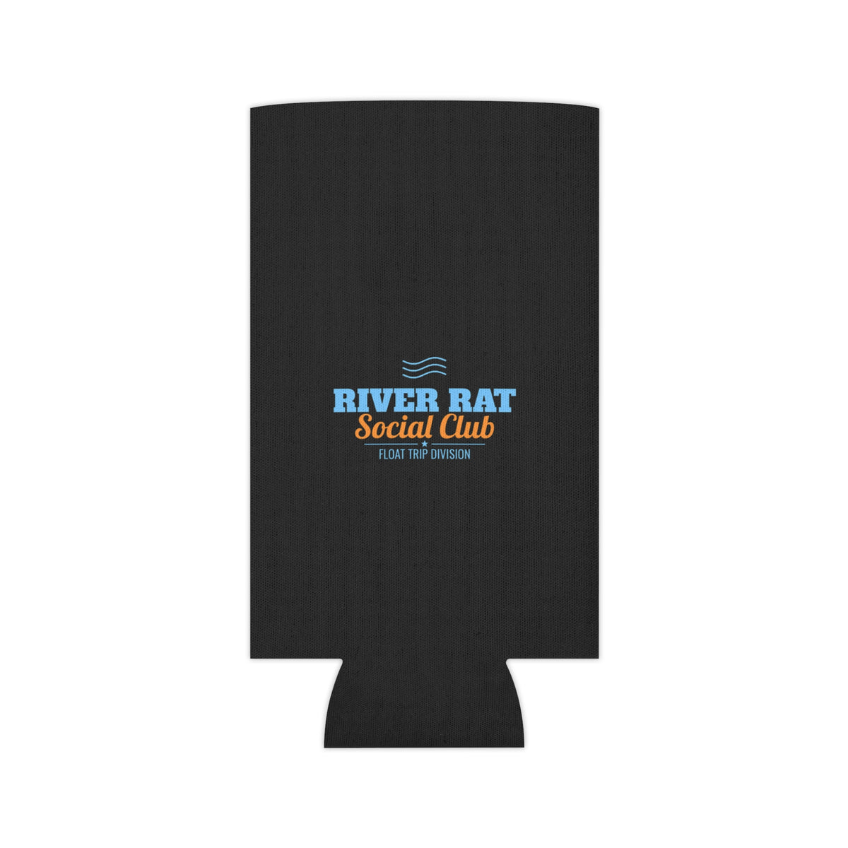 Black flat koozie with River Rat Social Club multicolor logo and float trip division.