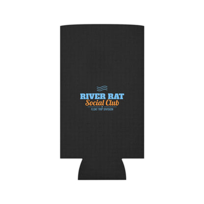 Black flat koozie with River Rat Social Club multicolor logo and float trip division.