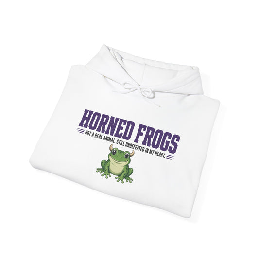 White hoodie folded, featuring Horned Frogs text logo and frog graphic