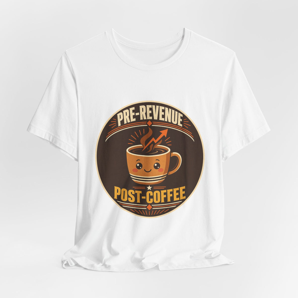 White crew-neck T-shirt with circular coffee mug logo