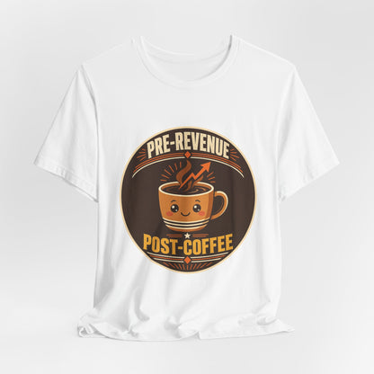 White crew-neck T-shirt with circular coffee mug logo