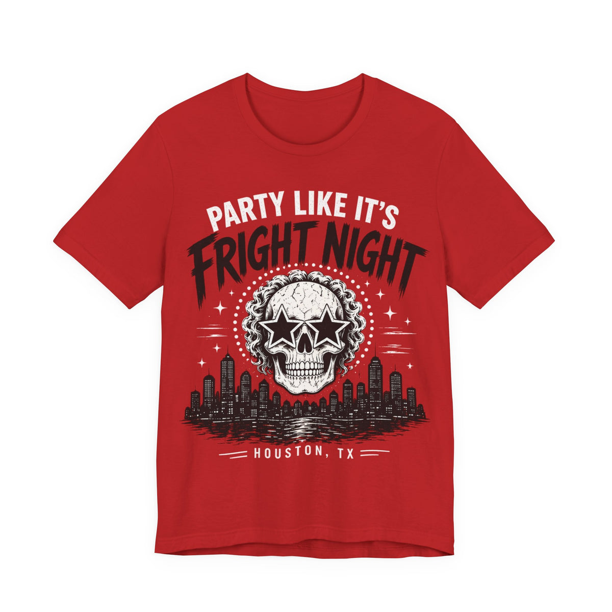 Red T-shirt with skull graphic and 'Party Like It's Fright Night' print