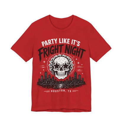 Red T-shirt with skull graphic and 'Party Like It's Fright Night' print