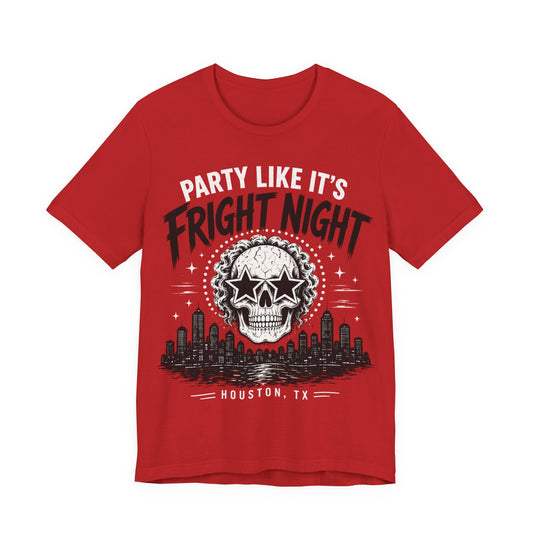 Red T-shirt with skull graphic and 'Party Like It's Fright Night' print