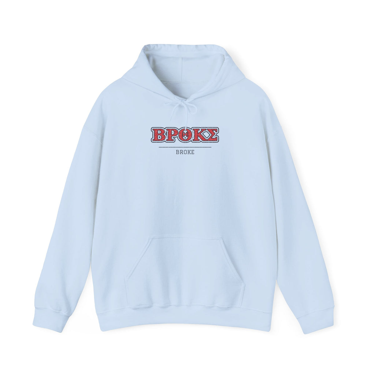 Light blue pullover hoodie with front "BPOKS" graphic and kangaroo pocket