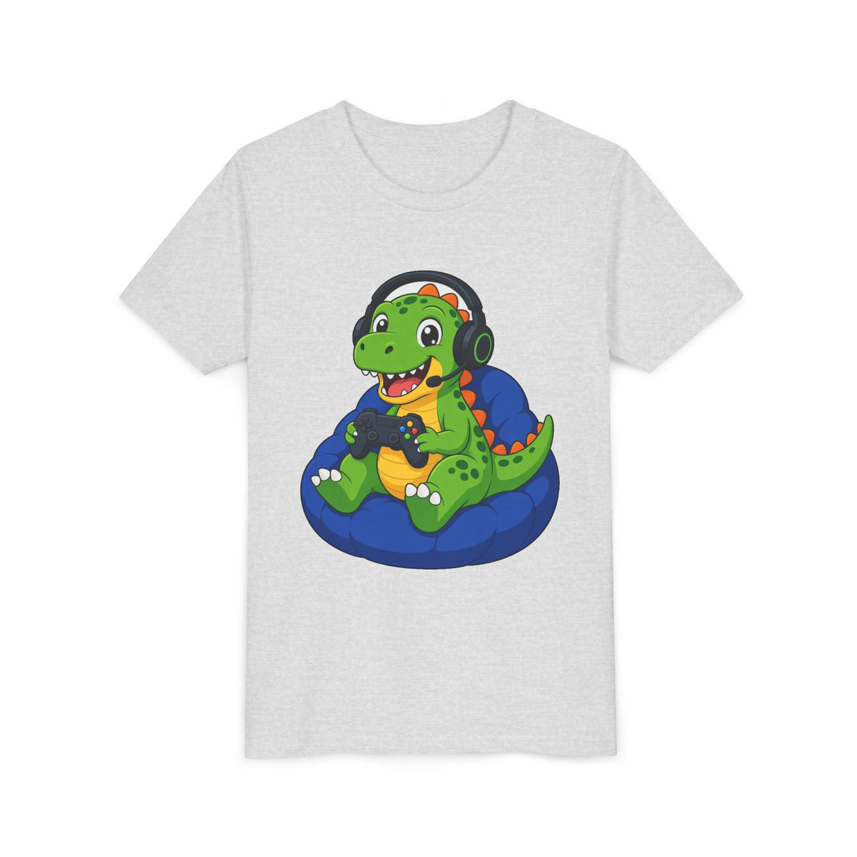 Light gray kids t-shirt with green dinosaur gamer graphic