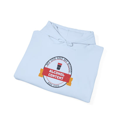 Light blue hoodie with hood and graphic print reading alcohol content tied