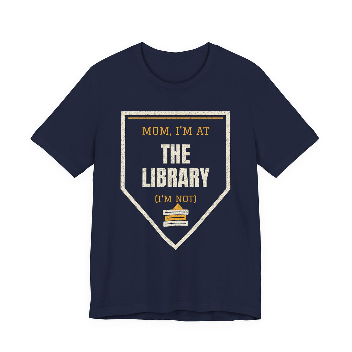 Navy graphic t-shirt with triangular "I'm at the library" text print