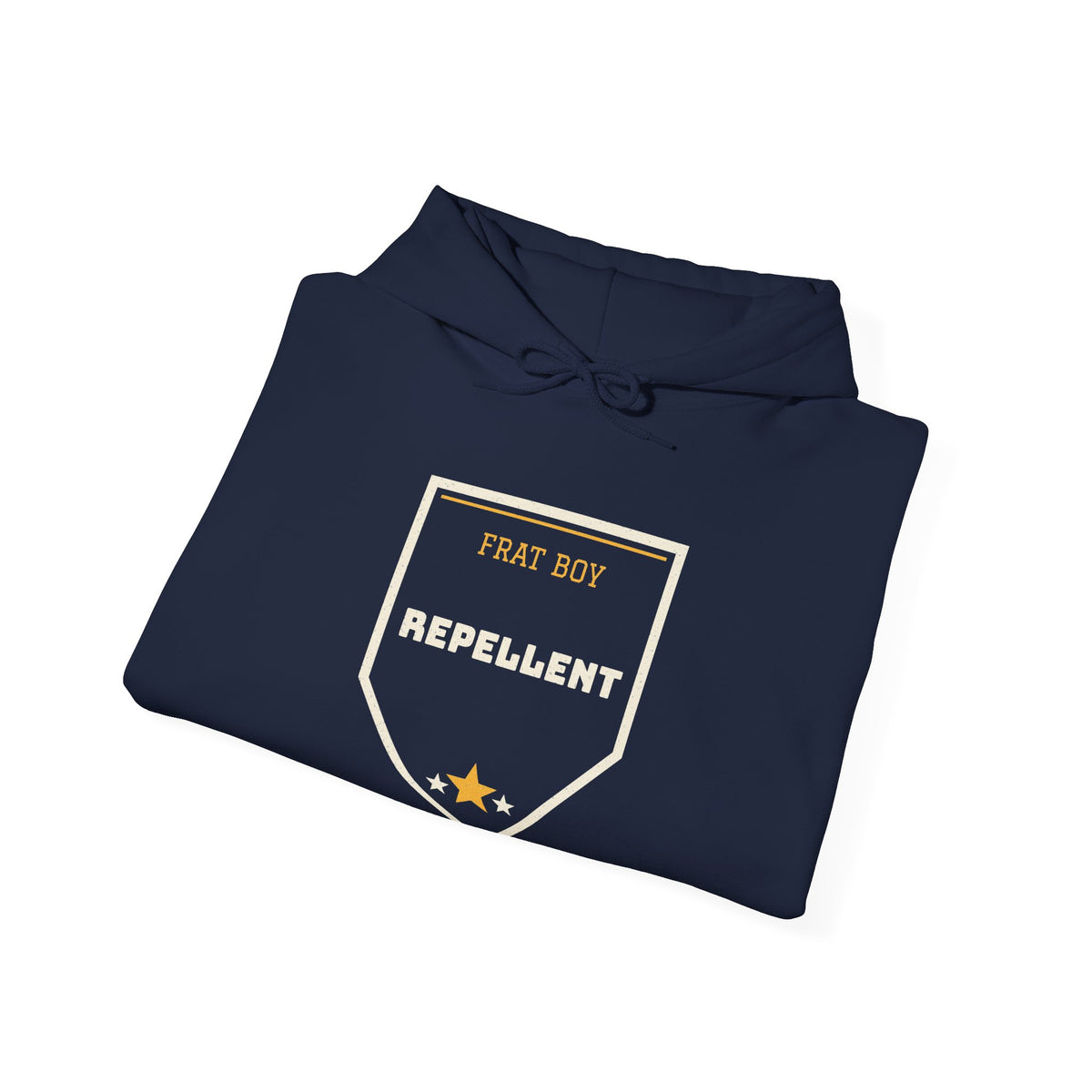 Navy hoodie with 'FRAT BOY REPELLENT' graphic logo on front, drawstring hood