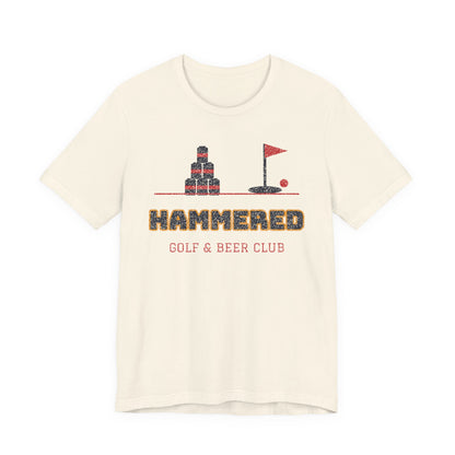 Natural cream crewneck T-shirt with 'HAMMERED' golf & beer club graphic