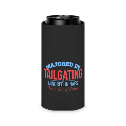 Black can cooler on a black can, showing “Majored in Tailgating” logo