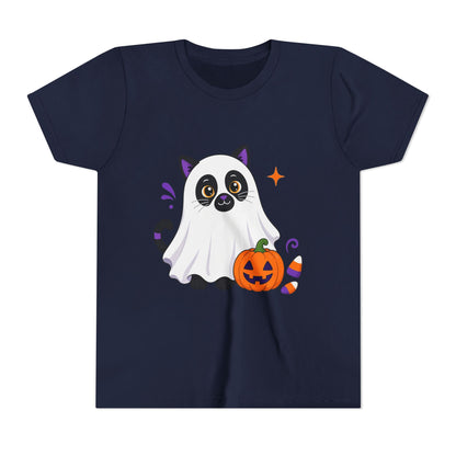 Kids navy Halloween graphic tee with ghost cat holding a jack-o'-lantern pumpkin