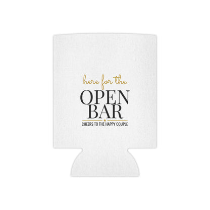 White can koozie featuring “here for the OPEN BAR” and “cheers” slogan
