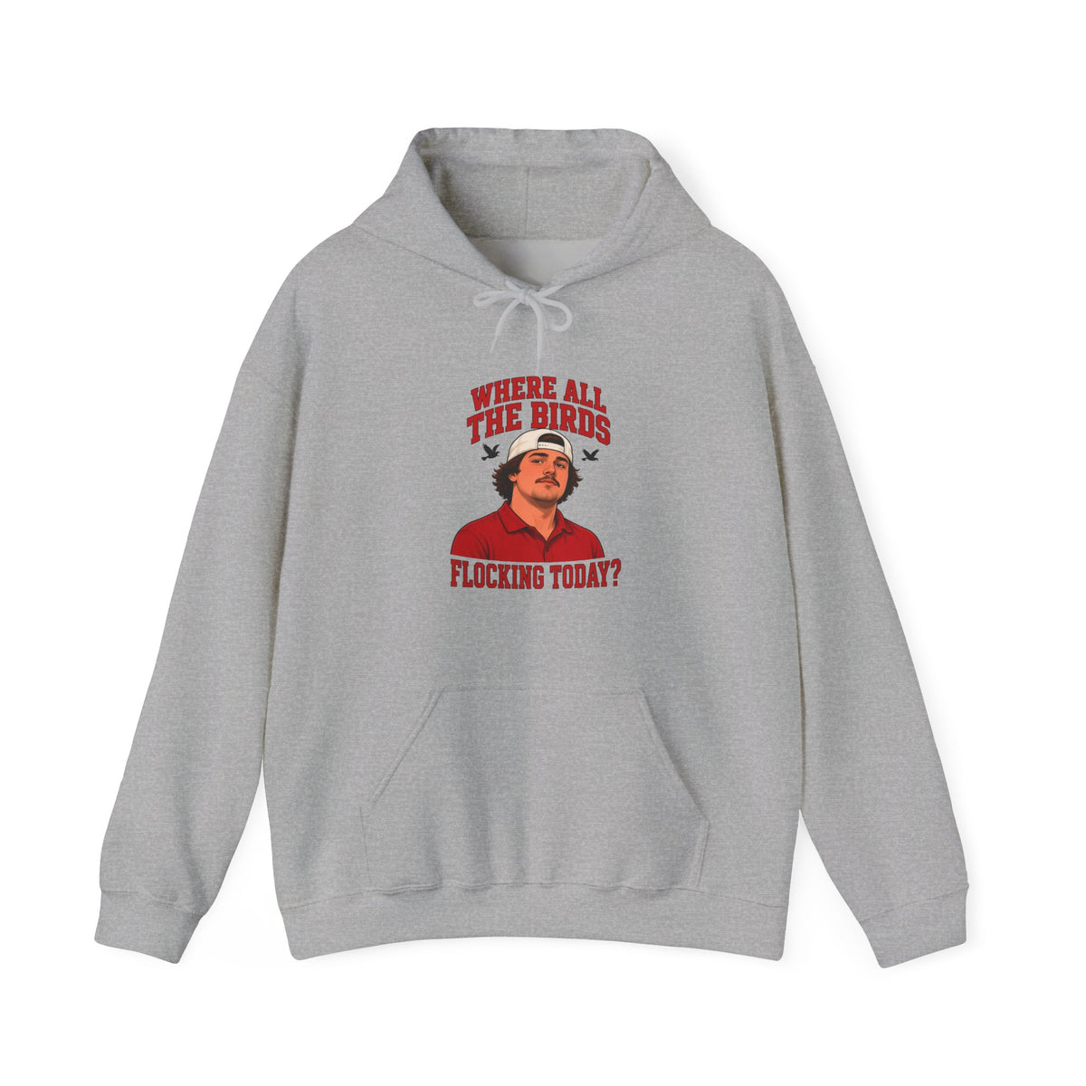 Sport grey hoodie with bird graphic, kangaroo pocket, drawstring hood