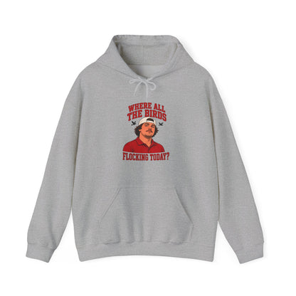 Sport grey hoodie with bird graphic, kangaroo pocket, drawstring hood
