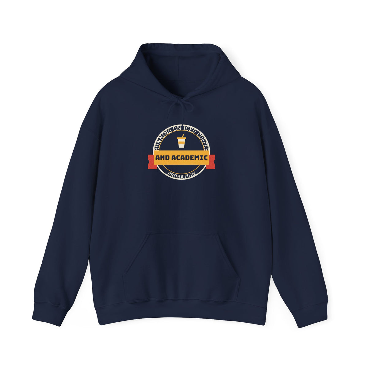 Navy pullover hoodie with hood, drawstring, front pouch, and chest graphic print