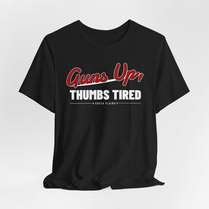 Black crewneck T-shirt with red Guns Up Thumbs Tired graphic front print