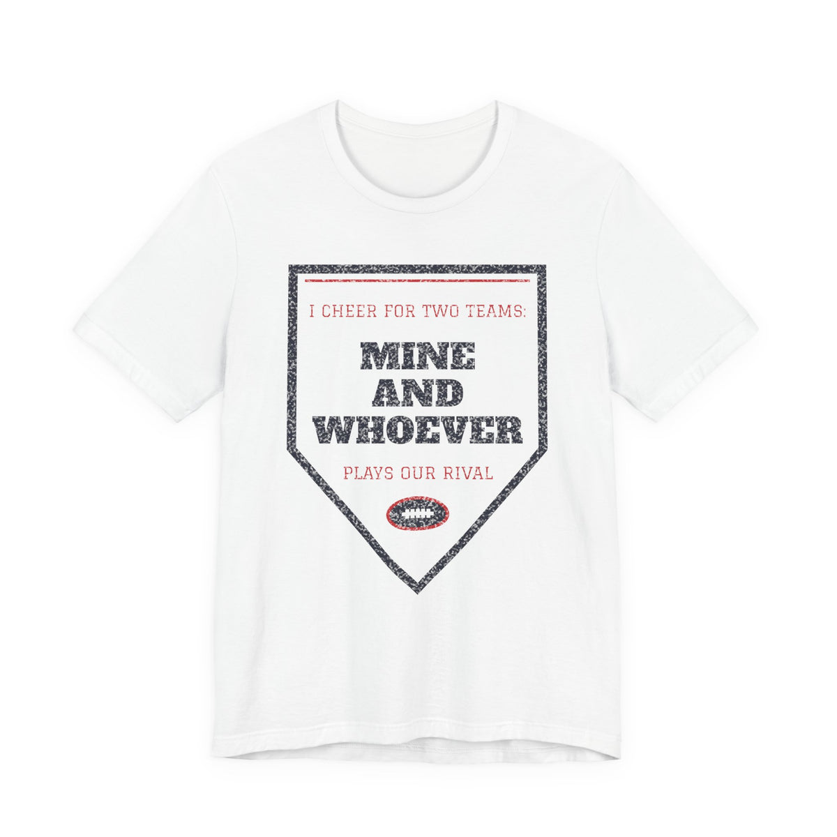 Funny college T-shirt, white, front triangle graphic with “Mine and Whoever”