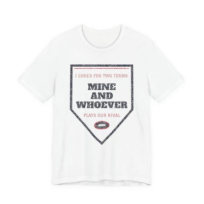 Funny college T-shirt, white, front triangle graphic with “Mine and Whoever”