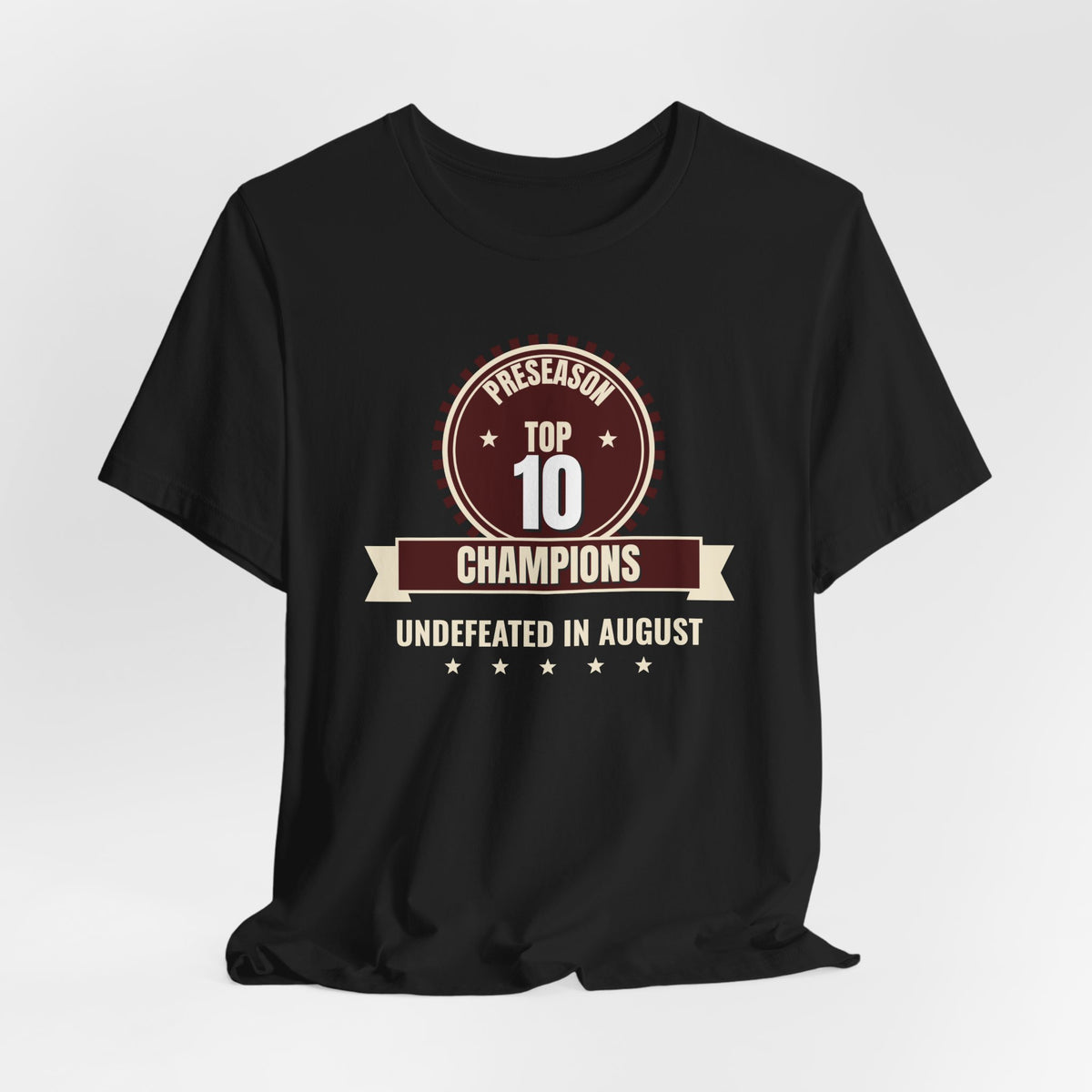 Black crewneck tee with central Preseason Top 10 Champions logo and Undefeated in August.