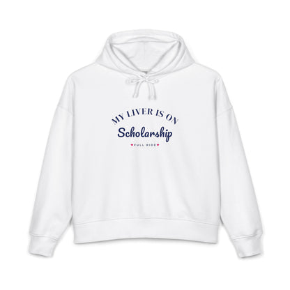 White women's hoodie with hood, drawstrings, and front slogan graphic